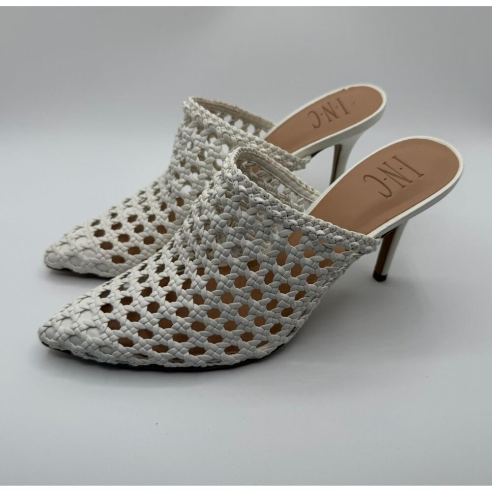 INC Celestia Mule Heels Women Size 7.5M White Slip-on Woven Pointed Eyelet Shoes